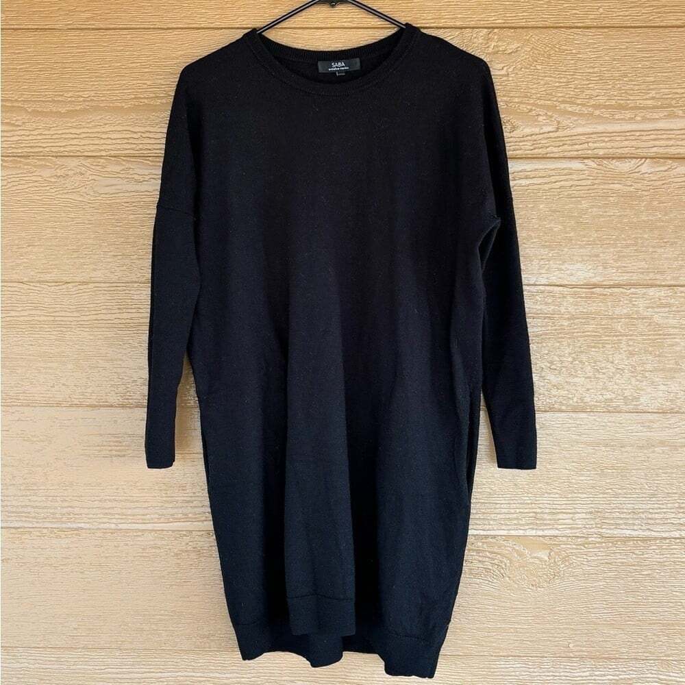 SABA Black Long Knit 100% Merino Wool Sweater Dress -Sz S